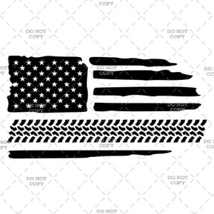 May include: A black and white distressed American flag design with a tyre tread pattern below it. The flag is a stylised version of the American flag with a grunge effect.