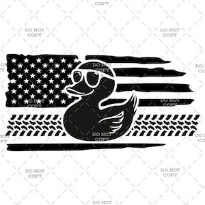 May include: Black and white graphic of a duck wearing sunglasses, set against a stylized American flag background. The design includes tire tracks and the words "DO NOT COPY".