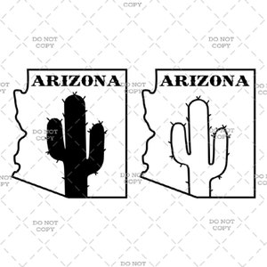 Könnte beinhalten: Zwei Schwarzweißillustrationen des Bundesstaates Arizona mit einem Kaktus darin. Der Text "Arizona" befindet sich über dem Kaktus in jedem Bild.