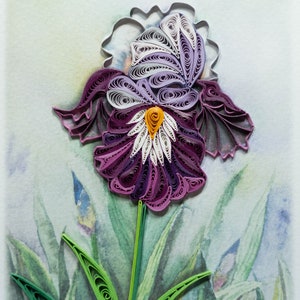 May include: A purple and white paper quilled iris flower with a yellow center, set against a watercolor background of green leaves.