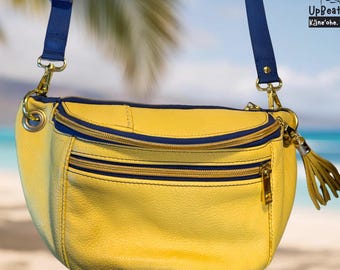 Yellow Leather Hawaiian Fanny Bag, Upcycled Tropical Crossbody, Handmade Travel Belt Bag