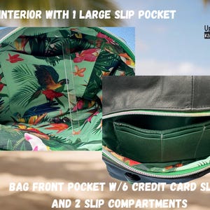 Puede incluir: Interior de bolso negro con un bolsillo grande y forro con estampado tropical. El bolsillo delantero tiene seis ranuras para tarjetas de cr&eacute;dito y dos compartimentos. Bolso de UpBeat Bags, Kāne'ohe, Hawaii USA.