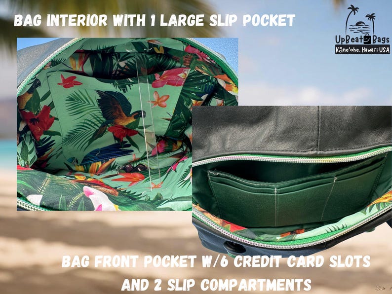Puede incluir: Interior de bolso negro con un bolsillo grande y forro con estampado tropical. El bolsillo delantero tiene seis ranuras para tarjetas de cr&eacute;dito y dos compartimentos. Bolso de UpBeat Bags, Kāne'ohe, Hawaii USA.