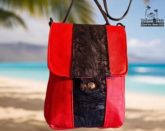 Red Italian Leather Crossbody Bag | Hawaiian Turtle Design, Upcycled, Handmade in Hawaii