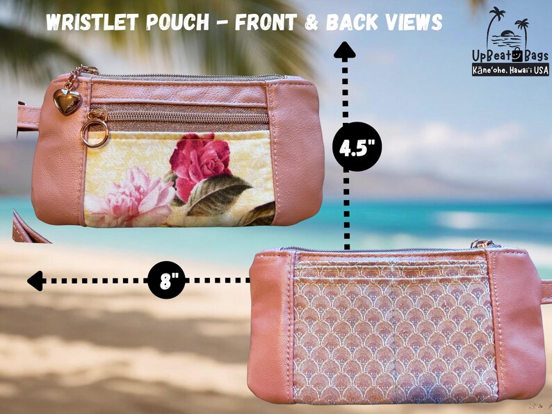 Puede incluir: Bolsa de mu&ntilde;eca rosa, vistas frontal y trasera. La parte delantera presenta un dise&ntilde;o floral, cierre de cremallera y un dije de coraz&oacute;n. La parte trasera tiene un patr&oacute;n texturizado. La bolsa mide 20 cm de largo y 11,4 cm de alto.