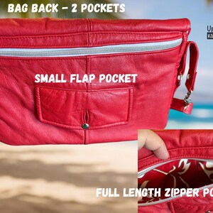 May include: Red leather crossbody bag with a full-length zipper pocket and a small flap pocket. The bag has a silver zipper and hardware. The text "BAG BACK - 2 POCKETS" and "SMALL FLAP POCKET" are visible.