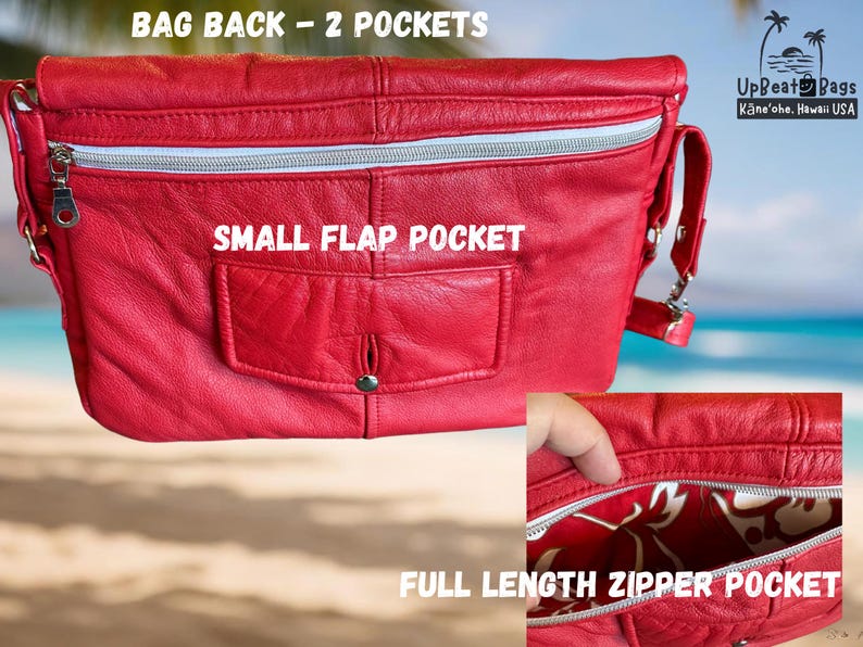 May include: Red leather crossbody bag with a full-length zipper pocket and a small flap pocket. The bag has a silver zipper and hardware. The text "BAG BACK - 2 POCKETS" and "SMALL FLAP POCKET" are visible.
