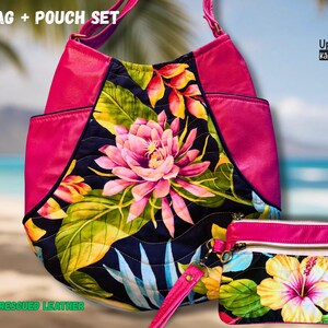 May include: A pink and floral handbag and pouch set. The handbag features a large pink flower design on a black background, with pink accents. The pouch has a matching floral pattern. The set is made with rescued leather.