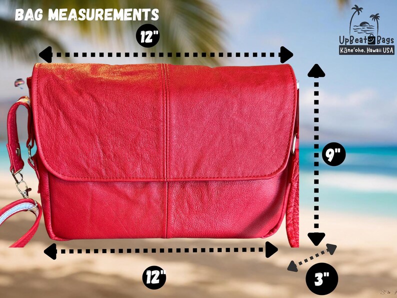May include: A red leather crossbody bag with a flap closure. The bag is 12 inches wide, 9 inches high, and 3 inches deep. It has a shoulder strap and a small handle. The bag is displayed on a beach background.