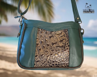 Upcycled Leather Crossbody Bag | Handmade in Hawaii | One-of-a-Kind Moss Green Leather Purse | Crocodile Accent Handbag