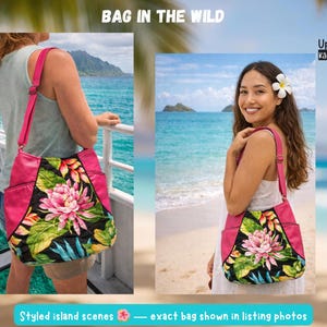 May include: A pink shoulder bag with a floral design and black accents. The bag has a pink strap and two side pockets. The text "BAG IN THE WILD" is at the top of the image. The bag is shown in a tropical setting.