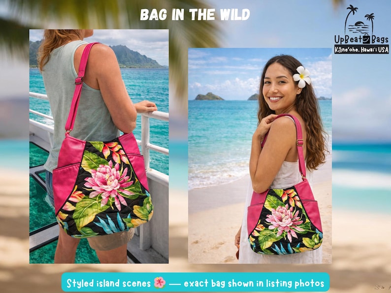 May include: A pink shoulder bag with a floral design and black accents. The bag has a pink strap and two side pockets. The text "BAG IN THE WILD" is at the top of the image. The bag is shown in a tropical setting.