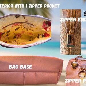 Puede incluir: Un bolso rosa con m&uacute;ltiples tomas de detalle. El interior tiene un estampado floral y un bolsillo con cremallera. La base es de color rosa liso. Tambi&eacute;n se muestran el extremo y los tiradores de la cremallera. El texto de la imagen dice: "BAG INTERIOR WITH 1 ZIPPER POCKET", "ZIPPER END", "BAG BASE" y "ZIPPER PULLS".