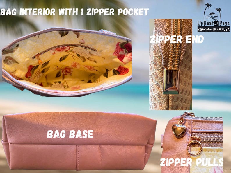 Puede incluir: Un bolso rosa con m&uacute;ltiples tomas de detalle. El interior tiene un estampado floral y un bolsillo con cremallera. La base es de color rosa liso. Tambi&eacute;n se muestran el extremo y los tiradores de la cremallera. El texto de la imagen dice: "BAG INTERIOR WITH 1 ZIPPER POCKET", "ZIPPER END", "BAG BASE" y "ZIPPER PULLS".