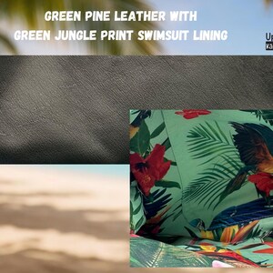 Puede incluir: La imagen muestra un primer plano de cuero de pino verde y un forro de traje de ba&ntilde;o con estampado de selva verde. El forro presenta un dise&ntilde;o tropical vibrante con loros, flores rojas y exuberante follaje verde. El texto "GREEN PINE LEATHER WITH GREEN JUNGLE PRINT SWIMSUIT LINING" es visible.