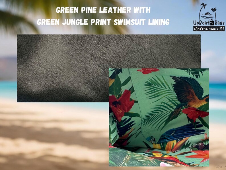 Puede incluir: La imagen muestra un primer plano de cuero de pino verde y un forro de traje de ba&ntilde;o con estampado de selva verde. El forro presenta un dise&ntilde;o tropical vibrante con loros, flores rojas y exuberante follaje verde. El texto "GREEN PINE LEATHER WITH GREEN JUNGLE PRINT SWIMSUIT LINING" es visible.
