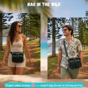 Puede incluir: Dos personas caminan por un sendero, cada una con una bolsa negra con detalles verdes. Las bolsas se llevan como ri&ntilde;onera y bandolera. El texto "BAG IN THE WILD" y "UpBeat Bags" son visibles. Tambi&eacute;n est&aacute; presente la frase "Styled island scenes".