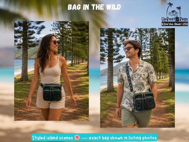 Puede incluir: Dos personas caminan por un sendero, cada una con una bolsa negra con detalles verdes. Las bolsas se llevan como ri&ntilde;onera y bandolera. El texto "BAG IN THE WILD" y "UpBeat Bags" son visibles. Tambi&eacute;n est&aacute; presente la frase "Styled island scenes".
