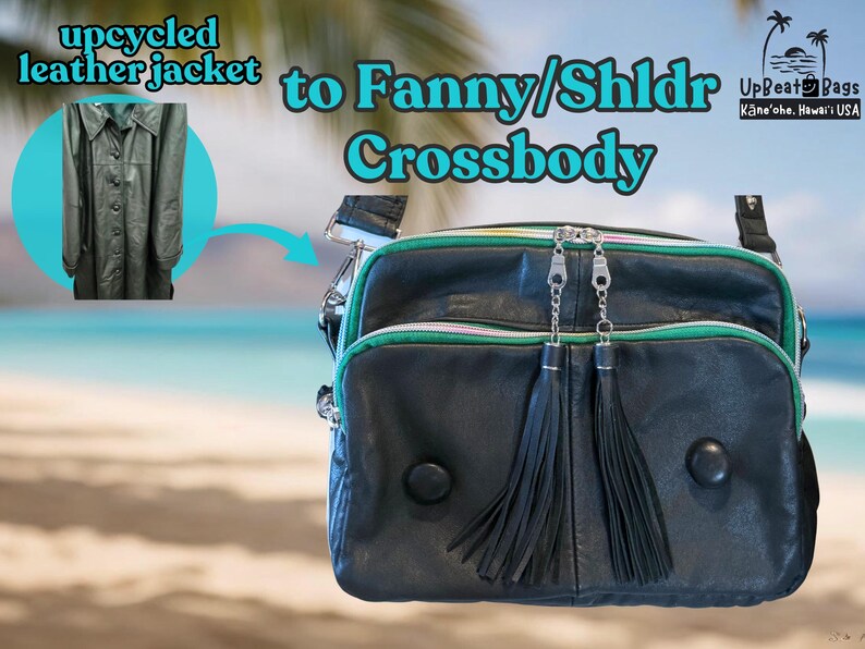 Puede incluir: Bolso bandolera de cuero negro con ribete verde y blanco, dos tiradores de cremallera con detalles de cadena y borlas negras. El bolso est&aacute; hecho de una chaqueta de cuero reciclada. El texto de la imagen dice "upcycled leather jacket to Fanny/Shldr Crossbody".