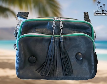 Upcycled Green Leather Fanny Pack – Handmade Island Belt Bag with Rainbow Zippers