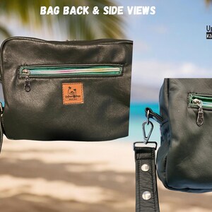 Puede incluir: Bolso de cuero negro con un bolsillo con cremallera y una cremallera verde y turquesa. El bolso tiene un peque&ntilde;o parche marr&oacute;n con el texto "UpBeat Bags" y una correa desmontable. El texto "BAG BACK & SIDE VIEWS" est&aacute; en la parte superior.