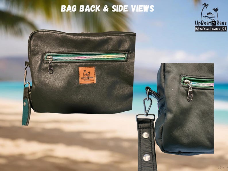 Puede incluir: Bolso de cuero negro con un bolsillo con cremallera y una cremallera verde y turquesa. El bolso tiene un peque&ntilde;o parche marr&oacute;n con el texto "UpBeat Bags" y una correa desmontable. El texto "BAG BACK & SIDE VIEWS" est&aacute; en la parte superior.