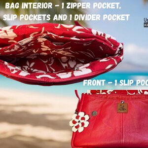 May include: Red leather handbag with a floral interior. The bag has a front slip pocket and a flower accent. The interior features a zipper pocket, two slip pockets, and a divider pocket. The bag is from UpBeat Bags, Kāne'ohe, Hawaii USA.