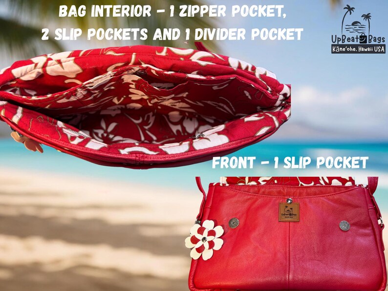 May include: Red leather handbag with a floral interior. The bag has a front slip pocket and a flower accent. The interior features a zipper pocket, two slip pockets, and a divider pocket. The bag is from UpBeat Bags, Kāne'ohe, Hawaii USA.