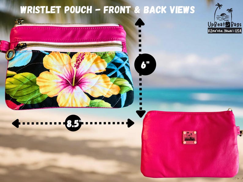 May include: A hot pink wristlet pouch, 8.5 inches wide and 6 inches tall, with a zippered top and a floral design. The back view is a solid hot pink. The text "WRISTLET POUCH - FRONT & BACK VIEWS" is at the top.