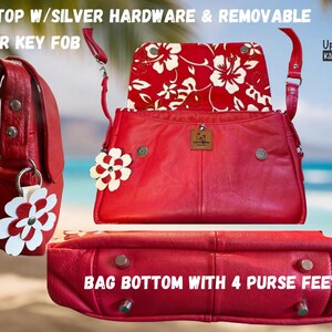 May include: Red leather handbag with a flap top, silver hardware, and a removable flower key fob. The interior features a red and white floral pattern. The bag has four purse feet. Text on the image reads "FLAP TOP W/SILVER HARDWARE & REMOVABLE FLOWER KEY FOB".