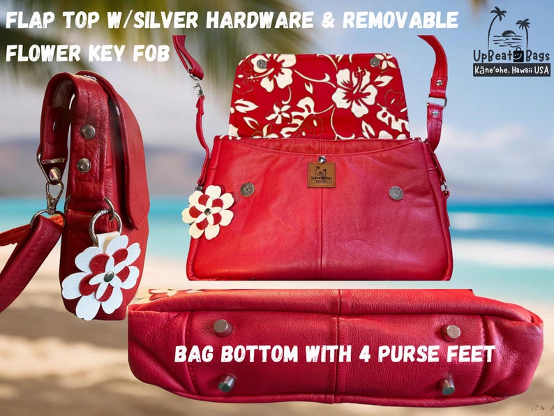May include: Red leather handbag with a flap top, silver hardware, and a removable flower key fob. The interior features a red and white floral pattern. The bag has four purse feet. Text on the image reads "FLAP TOP W/SILVER HARDWARE & REMOVABLE FLOWER KEY FOB".