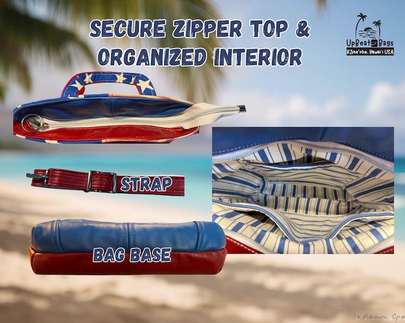 May include: A multi-view product display of a bag featuring a red, white, and blue star-patterned exterior, a secure zipper top, a red adjustable strap, and a blue and red base. The interior is lined with a blue and white striped fabric.