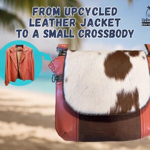 K&ouml;nnte beinhalten: Eine kleine Umh&auml;ngetasche mit einer wei&szlig;-braunen Kuhfell-Klappe, einem dunkelbraunen Paneel in Krokodilleder-Optik und korallenfarbenen Lederseiten. Text: FROM UPCYCLED LEATHER JACKET TO A SMALL CROSSBODY. Enth&auml;lt ein Bild einer korallenfarbenen Jacke.
