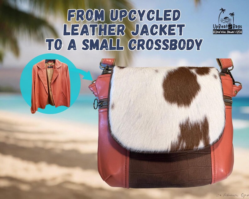 K&ouml;nnte beinhalten: Eine kleine Umh&auml;ngetasche mit einer wei&szlig;-braunen Kuhfell-Klappe, einem dunkelbraunen Paneel in Krokodilleder-Optik und korallenfarbenen Lederseiten. Text: FROM UPCYCLED LEATHER JACKET TO A SMALL CROSSBODY. Enth&auml;lt ein Bild einer korallenfarbenen Jacke.