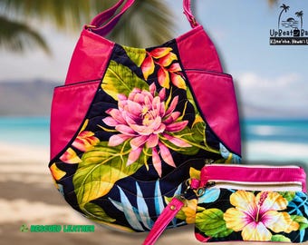 Medium Upcycled Leather Shoulder Bag – Hawaiian Water Lily Purse, Optional Matching Pouch