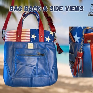 May include: A blue leather handbag featuring a top section with a red and white striped pattern and a blue field with white stars. The bag includes red leather handles, a shoulder strap, a front zippered pocket, and a red and white tassel charm.