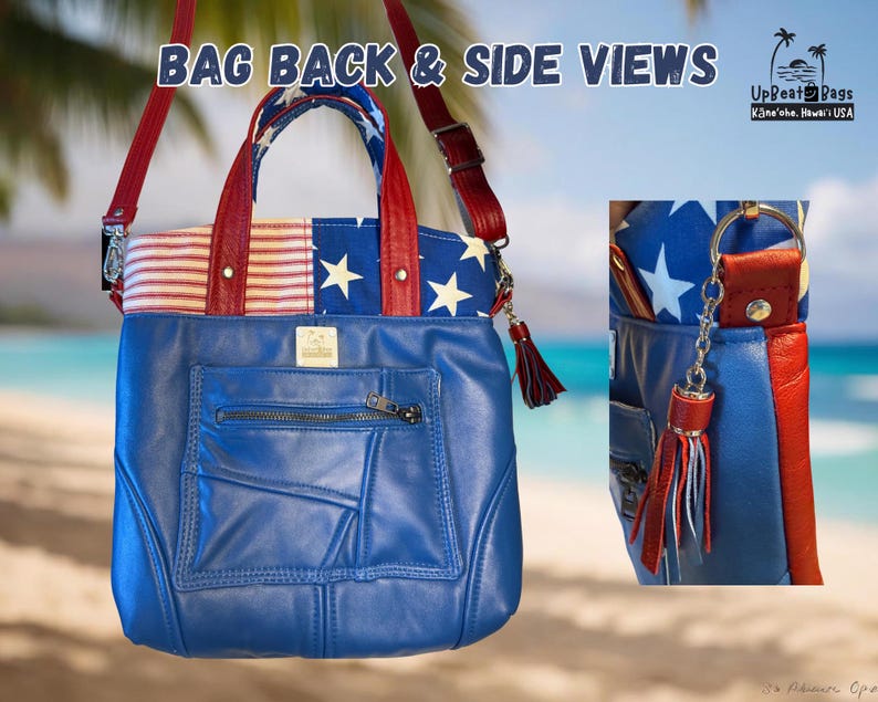 May include: A blue leather handbag featuring a top section with a red and white striped pattern and a blue field with white stars. The bag includes red leather handles, a shoulder strap, a front zippered pocket, and a red and white tassel charm.