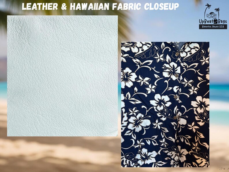 May include: A split image showcases a light blue leather texture and a navy blue Hawaiian fabric. The fabric features a white floral pattern with button details. The text "Leather & Hawaiian Fabric Closeup" is at the top.