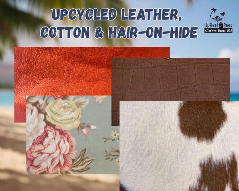 K&ouml;nnte beinhalten: Eine Collage aus vier Materialmustern mit orangefarbenem strukturiertem Leder, braunem Leder in Krokodilpr&auml;gung, hellblauem Baumwollstoff mit Blumenmuster sowie wei&szlig;em und braunem Fell. Text: UPCYCLED LEATHER, COTTON & HAIR-ON-HIDE.