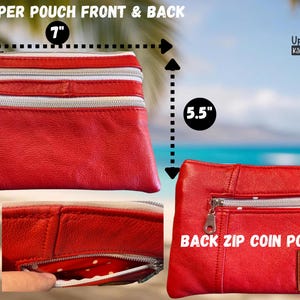 May include: A red leather pouch with four front zippers and a back zip coin pocket. The pouch is 7 inches wide and 5.5 inches tall. The interior of the pouch has a white and red polka dot pattern.