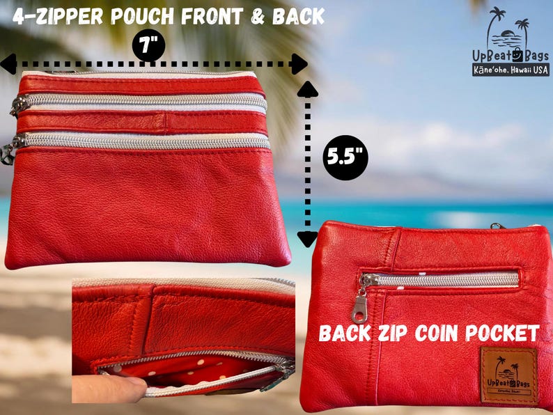 May include: A red leather pouch with four front zippers and a back zip coin pocket. The pouch is 7 inches wide and 5.5 inches tall. The interior of the pouch has a white and red polka dot pattern.