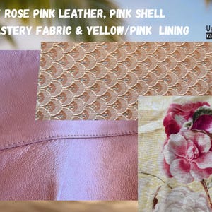 Puede incluir: Imagen con muestras de tela: cuero rosa empolvado, un patr&oacute;n de concha rosa y una tela de tapicer&iacute;a floral con tonos amarillos y rosas. Tambi&eacute;n incluye el texto "UpBeat Bags, Kāne'ohe, Hawaii USA."