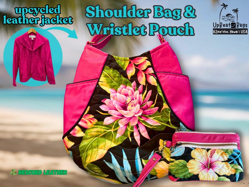 May include: A hot pink shoulder bag and matching wristlet pouch with a floral design. The bag features a large central flower and leaf pattern, with pink accents. The wristlet has a similar floral print. The image also shows an upcycled leather jacket.