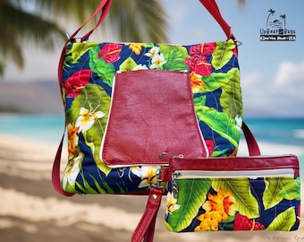 Convertible Backpack Purse, Hawaiian Floral Shoulder Bag, Upcycled Leather Backpack, Handmade in Hawaii, Tropical Travel Bag, One of a Kind