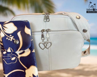Riñonera de piel blanca, forro Aloha de hibisco reciclado, bolso bandolera convertible