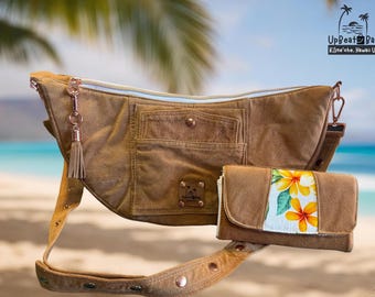 Large Upcycled Suede Sling Crossbody Bag – Hawaiian Bird of Paradise Purse, Optional Matching Wallet