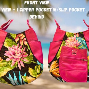 May include: A pink shoulder bag with a floral design. The bag features a large pink flower with green leaves and a black background. The bag has a zipper pocket and a slip pocket. The text "UpBeat Bags" and "Kāneʻohe, Hawai'i USA" is visible.