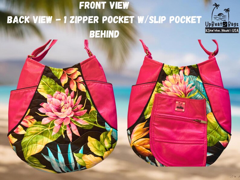 May include: A pink shoulder bag with a floral design. The bag features a large pink flower with green leaves and a black background. The bag has a zipper pocket and a slip pocket. The text "UpBeat Bags" and "Kāneʻohe, Hawai'i USA" is visible.