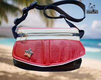 Upcycled Leather Crossbody Bag, Handmade Hip Bag, Patriotic Red White Blue Purse, Travel Bag, One of a Kind Hawaii
