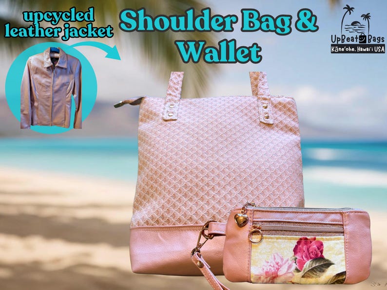 Puede incluir: Un conjunto de bolso de hombro y cartera rosa. El bolso de hombro tiene un patr&oacute;n texturizado y una base rosa lisa. La cartera presenta un dise&ntilde;o floral con una rosa rosa. La imagen tambi&eacute;n muestra una chaqueta de cuero reciclada.